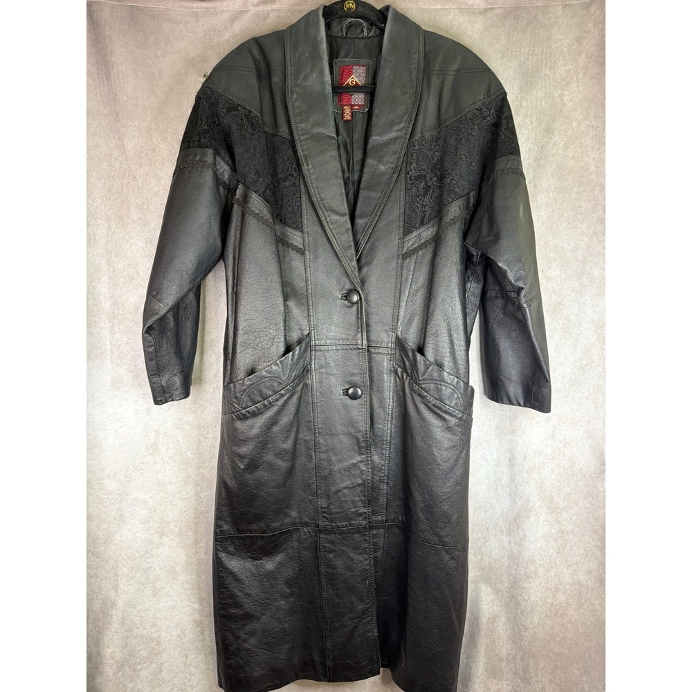 VTG 90s G-III Leather Trench Coat Women Medium Black Lace Yoke Longline Jacket